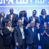 Gadi Eisenkot, chairman of the Yashar party, together with party members, attends the presentation of the party’s candidate list ahead of the upcoming general elections in Rosh HaAyin, September 7, 2026. 