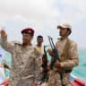 Houthi control around Bab el-Mandeb gives Iran-aligned forces leverage over a second major maritime choke point, opposite the Strait of Hormuz on the other side of the Arabian Peninsula. A Yemeni government army officer gestures as he rides a boat in Bab el-Mandeb, Yemen, April 2.