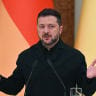 Ukraine's President Volodymyr Zelensky speaks during a press conference following talks with Germany's Chancellor in Mariinsky Palace following talks in Kyiv on October 4, 2026.