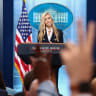 Reporters raise their hands to ask questions as the new White House Press Secretary Katie Zacharia holds her first press briefing at the White House in Washington, DC, US, October 13, 2026.