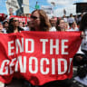 Sarah Sherman, Hannah Einbinder and protesters against Israeli Prime Minister Benjamin Netanyahu and his war in Gaza block a street next to the United Nations (U.N.) on September 24, 2026, in New York City. 