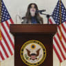 US Ambassador to Greece Kimberly Guilfoyle speaks during a dedication ceremony at the chancery of the US Embassy in Athens, on October 7, 2026.