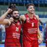 Hanochi and Roddy celebrate against Maccabi Ashdod.
