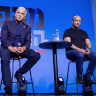 B'Yachad party heads Naftali Bennett and Yair Lapid speak during a press conference in Tel Aviv, Septemper 11, 2026.