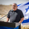 Yashar party chairman Gadi Eisenkot speaks during a press conference near the Israeli border with the Gaza Strip, October 15, 2026. 