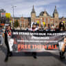 Protesters take part in a demonstration against the sale of products from companies they accuse of being complicit to "genocide, occupation, and apartheid in the Palestinian territories," in Amsterdam on October 3, 2026; illustrative.