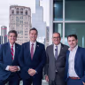 (L-r) Michigan Israel Business Accelerator CEO Mark Davidoff, Consul General of Israel to the Midwest Elad Strohmayer, MIBA Board Chair Howard Handler, and Chaim Martin, Israel's Minister of Economic Affairs to the United States, pose at the first U.S.-Israel Innovation Exchange Summit in Detroit, M