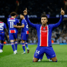 A stunning goal and a brilliant assist. Doue celebrates at the Etihad.