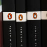The Penguin logo is visible on the spines of books displayed on a shelf at Book Passage on November 02, 2021 in Corte Madera, California.
