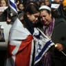 A mother and daughter embrace as members of the Jewish community hold a vigil for the victims of October 7, on Parliament Hill in Ottawa, Ontario, Canada, on October 28, 2023
