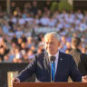 Prime Minister Benjamin Netanyahu giving a speech at the IDF Combat Infantry Officer's Course graduation ceremony, October 21, 2026.