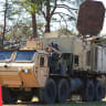A US Marine Corps truck is seen carrying a palletized version of the Active Denial System, March 9, 2012, at the US Marine Corps Base Quantico, Virginia.