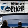  US Senate candidates Democrat Abdul El-Sayed, left, and Michigan Republican Senate candidate, former US Rep. Mike Rogers (R-MI)  debate on October 21, 2026 at WXYZ Channel 7 in Southfield, Michigan.