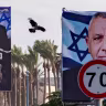Election campaign billboards featuring Yashar party chairman Gadi Eisenkot and Likud party chairman and Israeli Prime Minister Benjamin Netanyahu alongside opposition leaders are displayed along a roadside in the northern Israeli city of Haifa, ahead of Israel’s upcoming general elections.