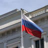 A Russian flag flies in front of the Embassy of the Russian Federation is seen in Vienna, Austria on May 4, 2026. 