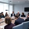 UK Education Secretary Lucy Powell (at the head of the table) and Sir David Bell (to her right) meet with education leaders and members of the Jewish community to discuss the government's response to Bell's review on tackling antisemitism in schools and colleges. October 21, 2026.