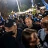 Former prime minister and B'Yachad party chairman Naftali Bennett attends a demonstration at Hostages Square in Tel Aviv, calling for the establishment of a state commission of inquiry into the October 7, 2023 Hamas-led massacre, just days ahead of Israel’s general elections, October 24, 2026.