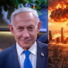 Prime Minister Benjamin Netanyahu beside an AI generated image of a nuclear bomb stiriking Tel Aviv