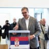 Serbia's former President and the ruling Serbian Progressive Party (SNS) prime ministerial candidate Aleksandar Vucic gives a thumbs up as he votes during the parliamentary election in Belgrade, Serbia, October 25, 2026.