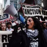Protesters against Israeli Prime Minister Benjamin Netanyahu and his war in Gaza walk towards the United Nations (U.N.) in midtown Manhattan on September 24, 2026, in New York City.