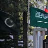 National flags of Pakistan (L) and Saudi Arabia flutter at Pakistan's Ministry of Foreign Affairs premises in Islamabad on March 29, 2026. Foreign ministers from Pakistan, Saudi Arabia, Egypt and Turkey met on March 29 for talks on the war in the Middle East, with Islamabad acting as a go-between fo