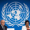 Chair of the Independent International Commission of Inquiry on the Occupied Palestinian Territory, including East Jerusalem, and Israel, South African judge Navanethem "Navi" Pillay (R) speaks next to member of the Independent International Commission of Inquiry on the Occupied Palestinian Territor