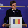 Romanian President Nicusor Dan during a press conference at the B9 summit in Romanian capital Bucharest, May 13, 2026.