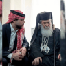 Theophilos III, the Greek Orthodox Patriarch of Jerusalem meets with members of the Jordanian Christian community affected in the terror attack on  the Church of Saint George in Hammoud.