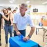 Democrats party chairman Yair Golan casts his vote at a polling station in Rosh HaAyin, central Israel, during Israel’s general elections, October 27, 2026. 