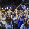 Supporters celebrate at the Democrats party’s election headquarters in Tel Aviv, following the release of exit poll results on Israel’s general election night, October 27, 2026. 