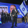 Yashar party chairman Gadi Eisenkot alongside members of his party at the party’s election headquarters in Tel Aviv, following the closing of polling stations and the release of exit poll results on Israel’s general election night, October 28, 2026. 