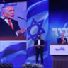 Prime Minister Benjamin Netanyahu speaks at Likud headquarters following the release of exit polls.