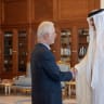 Qatar's Emir Sheikh Tamim bin Hamad Al Thani shakes hands with Iranian Interior Minister Eskandar Momeni in Doha, Qatar, October 6, 2026.
