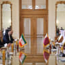 Iran's new foreign minister, Abbas Araghchi (L), meets with Qatari Prime Mnister Sheikh Mohammed bin Abdulrahman al-Thani (R) in Tehran on August 26, 2024. (illustrative)