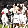 HAPOEL TEL AVIV players celebrate their latest victory as the Reds look to carry their momentum into Thursday’s Tel Aviv derby against Maccabi Tel Aviv in the Toto Cup final at Bloomfield Stadium. 