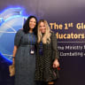 Teachers Anat Kampf of the US (R) and Dina Jacobson of the UK at the Global Jewish Teachers Award ceremony, honoring them for excellence in strengthening students’ Jewish identity – selected from among 250 nominees