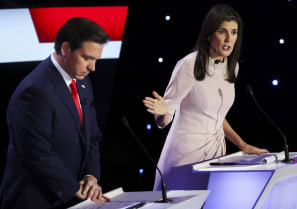 Florida Governor Ron DeSantis and Former U.S. Ambassador to the United Nations Nikki Haley participate in the Republican presidential debate hosted by CNN at Drake University in Des Moines, Iowa, U.S. January 10, 2024.