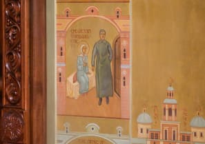 A view shows an icon, an element of which depicts Soviet leader Joseph Stalin being blessed by Russian Orthodox saint Matrona of Moscow, and that was recently defaced with paint in an act of protest amid controversy over the icon’s apparent honouring of Stalin in Tbilisi, Georgia, January 10, 2024.