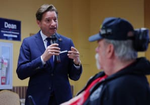  Democratic presidential candidate US Representative Dean Phillips (D-MN) speaks during a campaign stop at the New Hampshire Veterans Home in Tilton, New Hampshire, U.S., December 8, 2023.