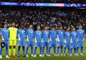  Paris 2024 Olympics - Football - Men's Group D - Mali vs Israel - Parc des Princes, Paris, France - July 24, 2024. Israel players line up during the national anthems before the match.