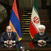 Iranian President Hassan Rouhani (R) and Prime Minister of Armenia, Nikol Pashinyan (L) hold a joint press conference following their meeting at Sadabad Complex in Tehran, Iran on February 27, 2019