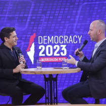  Diaspora Minister Amichai Chikli in conversation with The Jerusalem Post Editor-in-Chief Yaakov Katz at the Democracy 2023 conference.