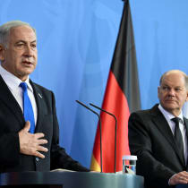 German Chancellor Olaf Scholz and Israeli Prime Minister Benjamin Netanyahu address a news conference at the Chancellery in Berlin, Germany, March 16, 2023.
