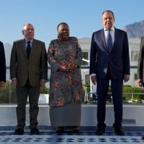  China's Vice Foreign Minister Ma Zhaoxu, Brazil's Foreign Minister Mauro Vieira, South Africa's Foreign Minister Naledi Pandor, Russia's Foreign Minister Sergei Lavrov and India's Foreign Minister Subrahmanyam Jaishankar attend a BRICS foreign ministers' meeting in Cape Town, South Africa, June 1.
