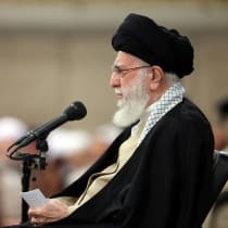  Iran's Supreme Leader Ayatollah Ali Khamenei speaks during a meeting with the guests of the Islamic Unity Conference in Tehran, Iran October 3, 2023. 