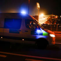  An ambulance drives near King Baudouin Stadium after the match between Belgium and Sweden was suspended following a shooting in Brussels, Belgium, October 17, 2023.