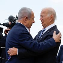  US President Joe Biden is welcomed by Israeli Prime Minster Benjamin Netanyahu, as he visits Israel amid the ongoing conflict between Israel and Hamas, in Tel Aviv, Israel, October 18, 2023