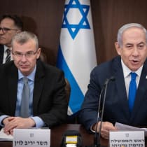  Israeli Prime Minister Benjamin Netanyahu with Israeli Minister of Justice Yariv Levin during a government conference at the Prime Minister's office in Jerusalem on September 10, 2023.