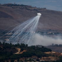  White phosphorus fired by Israeli army to create a smoke screen, is seen on the Israel-Lebanon border in northern Israel, November 12, 2023. 