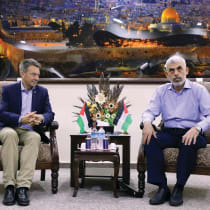  HAMAS GAZA head Yahya Sinwar meets with then-president of the International Committee of the Red Cross Peter Maurer, in Gaza City, in 2017. Patience has sustained the hatred of the Hamas terrorists for Israel and their belief that they will one day destroy the Jews.